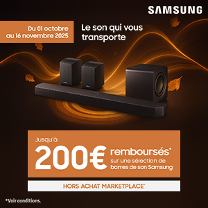 Offre de remboursement différé Samsung sur une sélection de barres de son. Valable du 01 octobre au 16 novembre 2025