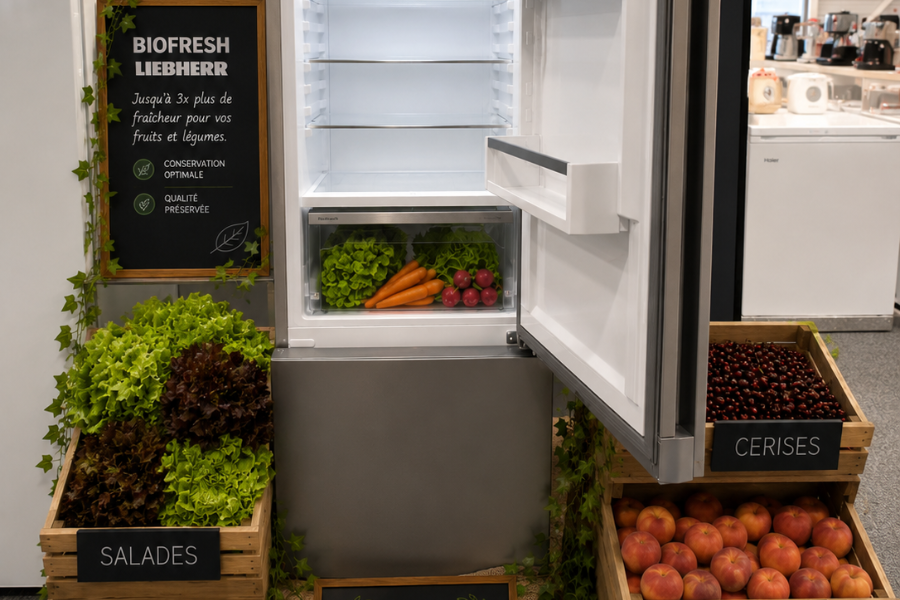 Réfrigérateur Liebherr BioFresh ouvert en magasin Gitem, bac à légumes rempli de salades, carottes et radis, caisses de fruits et légumes au premier plan