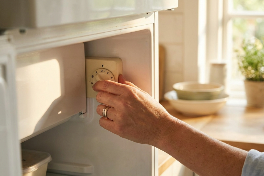 Main d'une femme réglant le thermostat d'un réfrigérateur blanc dans une cuisine lumineuse en été, lumière naturelle dorée