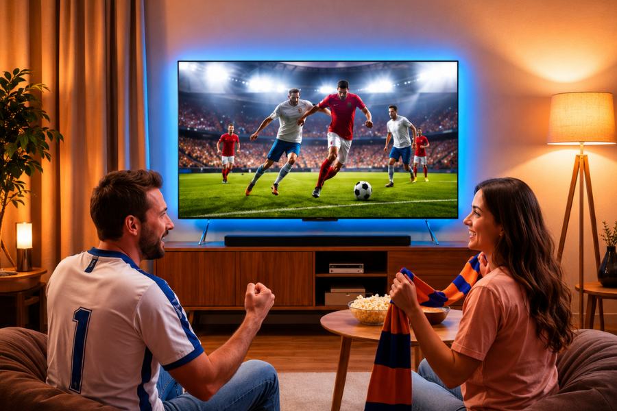 Équipez-vous pour vibrer à chaque match avec Gitem Couple regardant un match de football sur un grand téléviseur dans un salon cosy