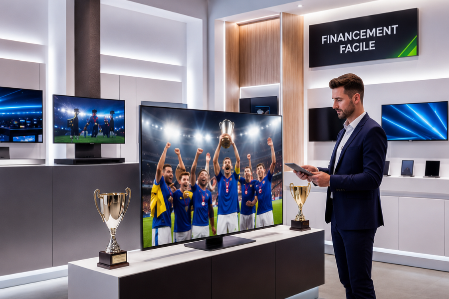 Financement facile pour votre téléviseur chez Gitem Conseiller en magasin Gitem présentant les options de financement pour l'achat d'un téléviseur