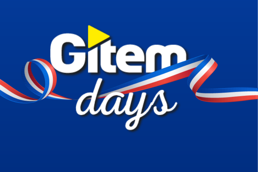 Banni&egrave;re Gitem Days avec ruban tricolore et logo sur fond bleu pour offres &eacute;lectrom&eacute;nager