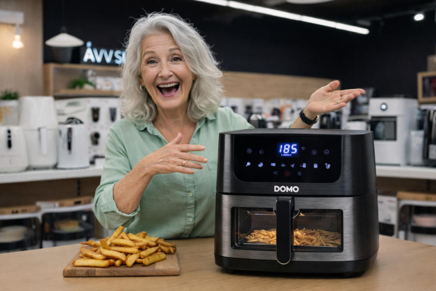 Grand-m&egrave;re d&eacute;couvrant un airfryer en magasin pour un cadeau pratique f&ecirc;te des grands-m&egrave;res