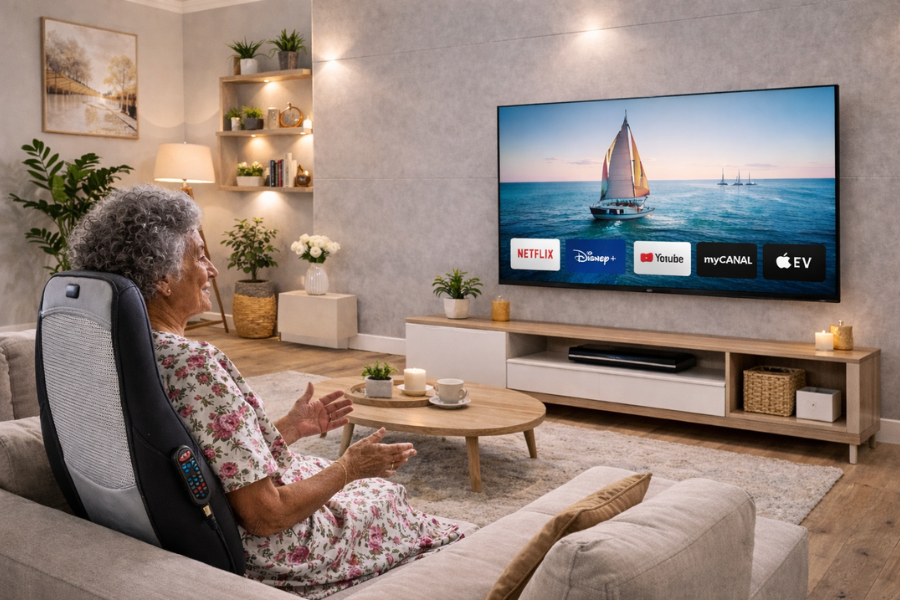 Grand-m&egrave;re regardant la t&eacute;l&eacute;vision confortablement install&eacute;e dans son salon