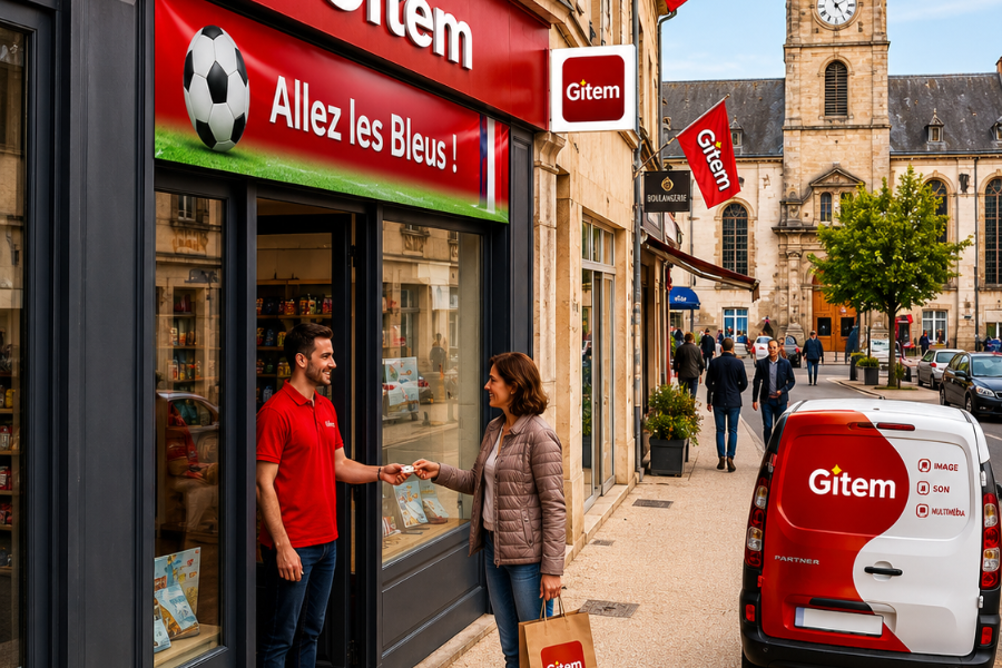 Votre magasin Gitem proche de chez vous Conseiller Gitem accueillant une cliente devant un magasin en centre-ville