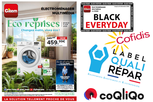 Image regroupant les services propos&eacute;s par Gitem : une premi&egrave;re page de catalogue, un post Facebook, les logos garantie 3 ans, Cofidis, QualiR&eacute;par etCoqliqo