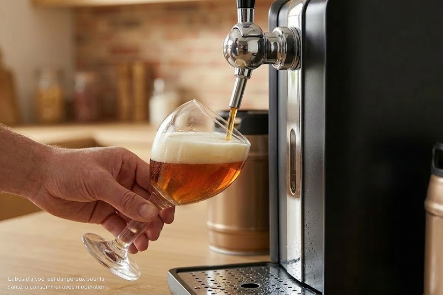 Servir facilement une bière pression avec une tireuse à bière à domicile Main servant une bière pression dans un verre à l’aide d’une tireuse à bière domestique